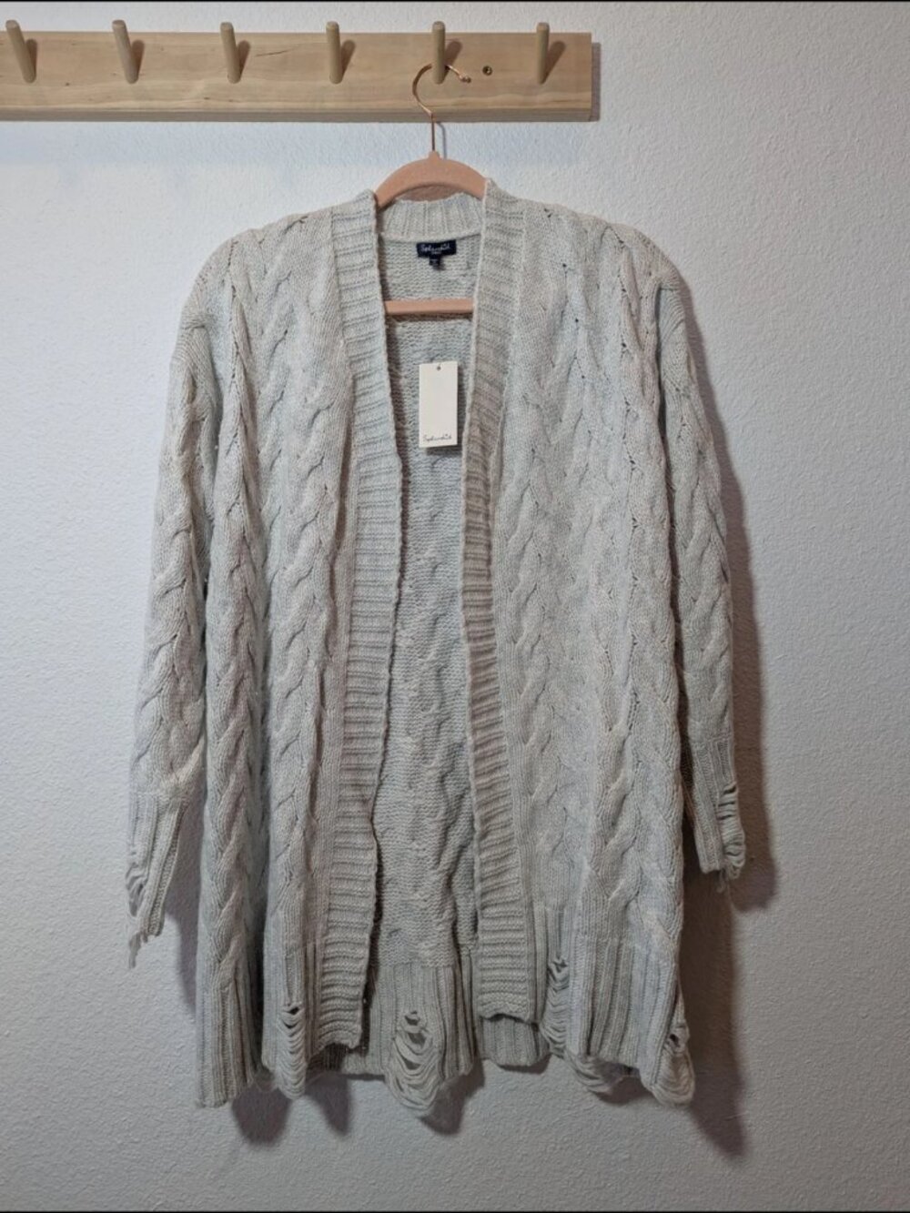 Splendid Palest Grey Distressed Cable knit Cardigan